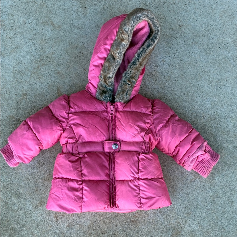Old Navy Pink Hooded Puffer Jacket with Faux Fur Trim size 6-12 months